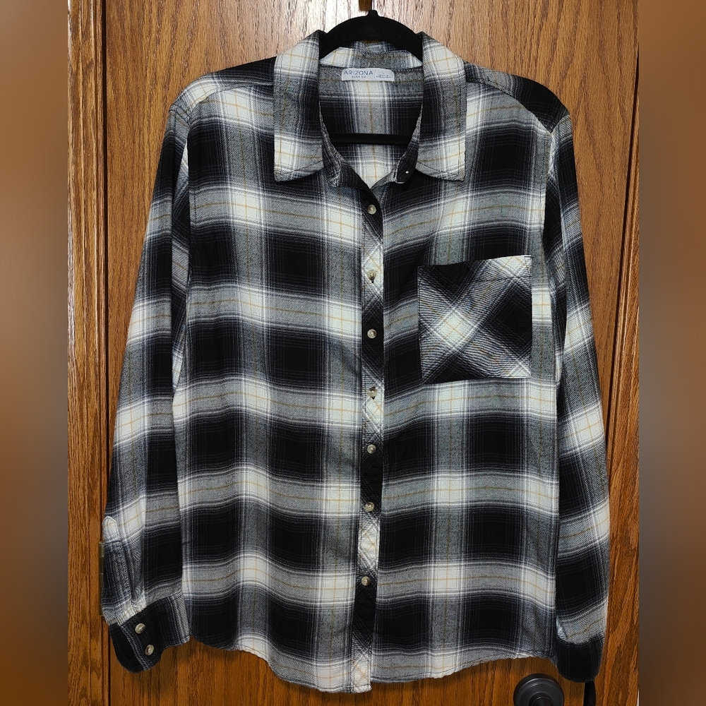 Women's Arizona Black & White & Gold Plaid Flannel Shirt, L